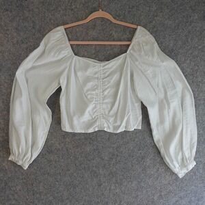 Womens Milkmaid Top Medium White Ruched Smocked Cottage Prairie Summer Cropped